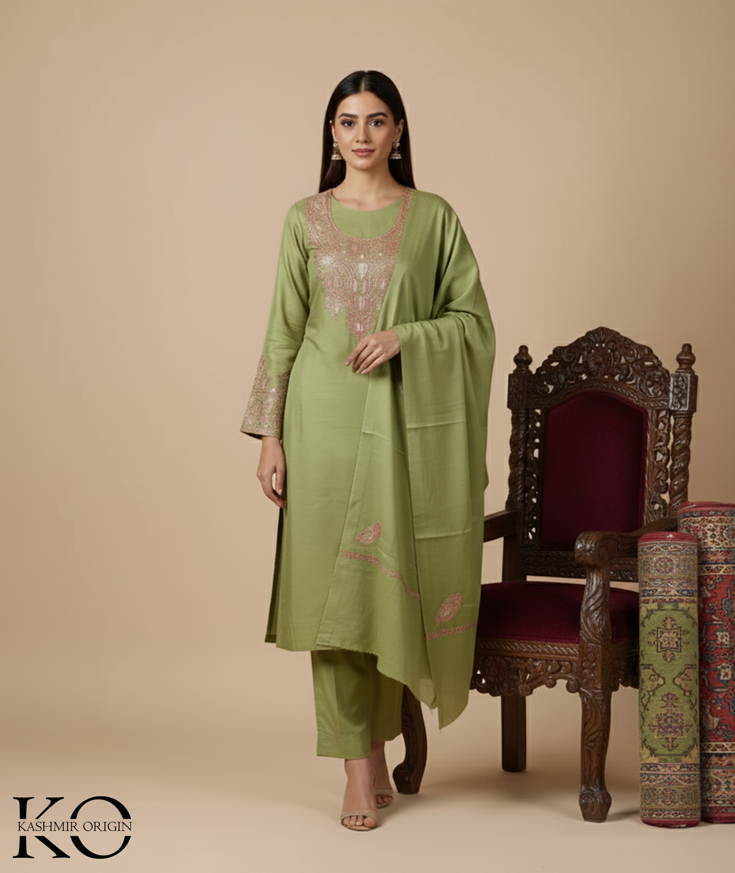 Tilla Embroidered Green Woolen Suit With Stole