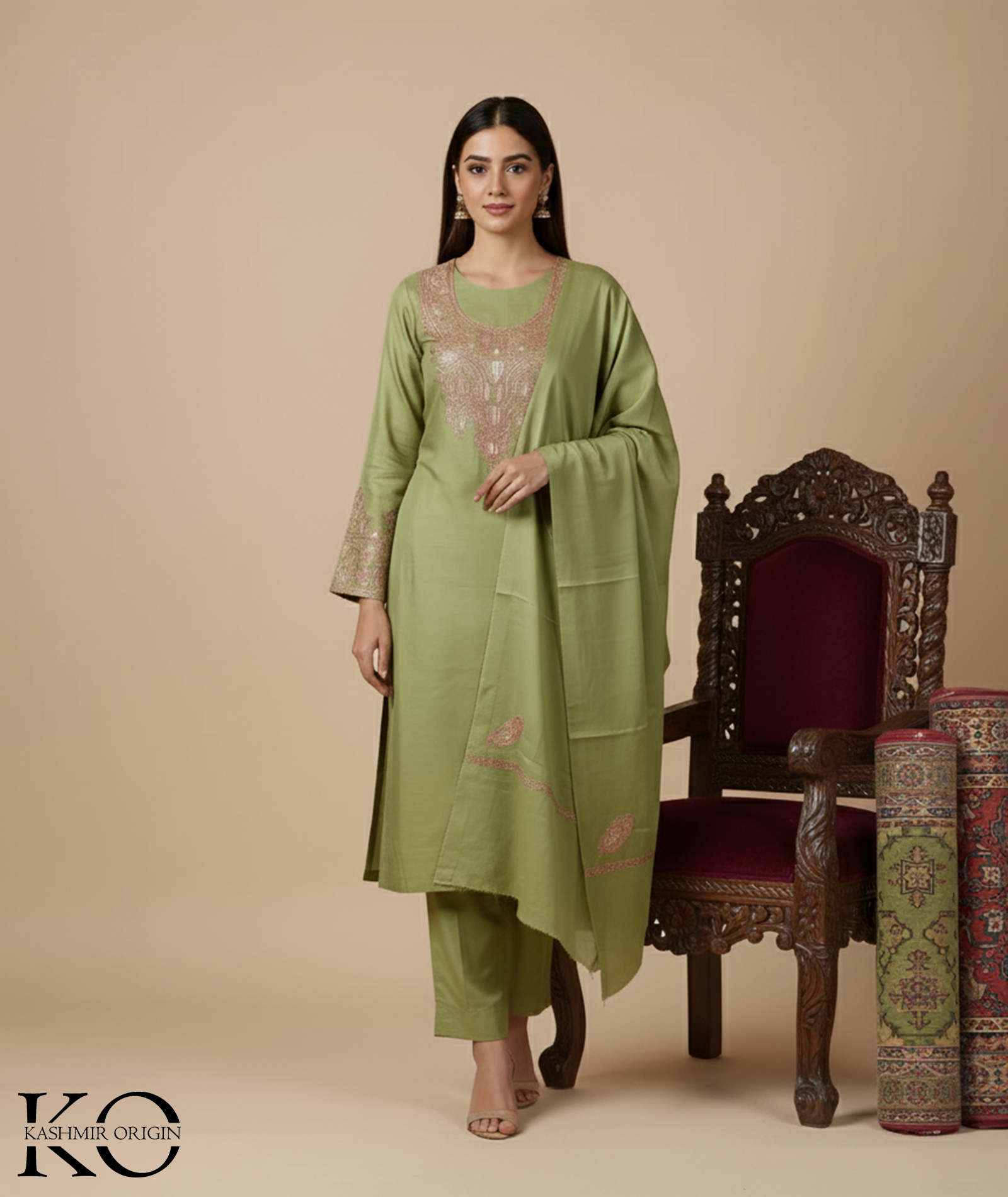 Tilla Embroidered Green Woolen Suit With Stole