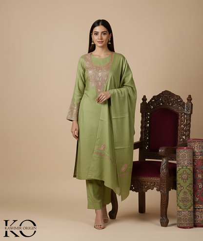 Tilla Embroidered Green Woolen Suit With Stole