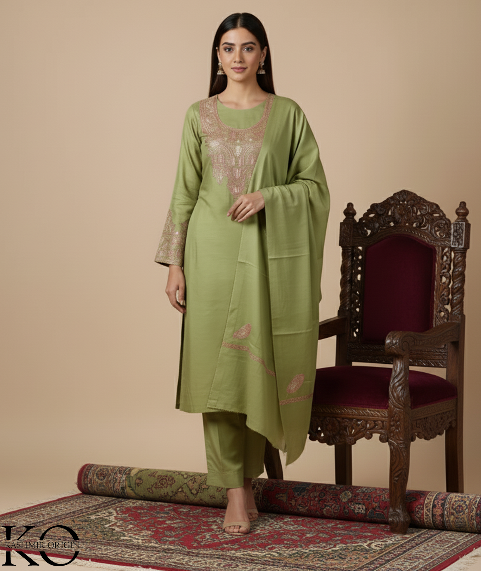 Tilla Embroidered Green Woolen Suit With Stole