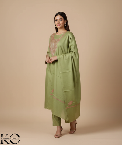 Tilla Embroidered Green Woolen Suit With Stole