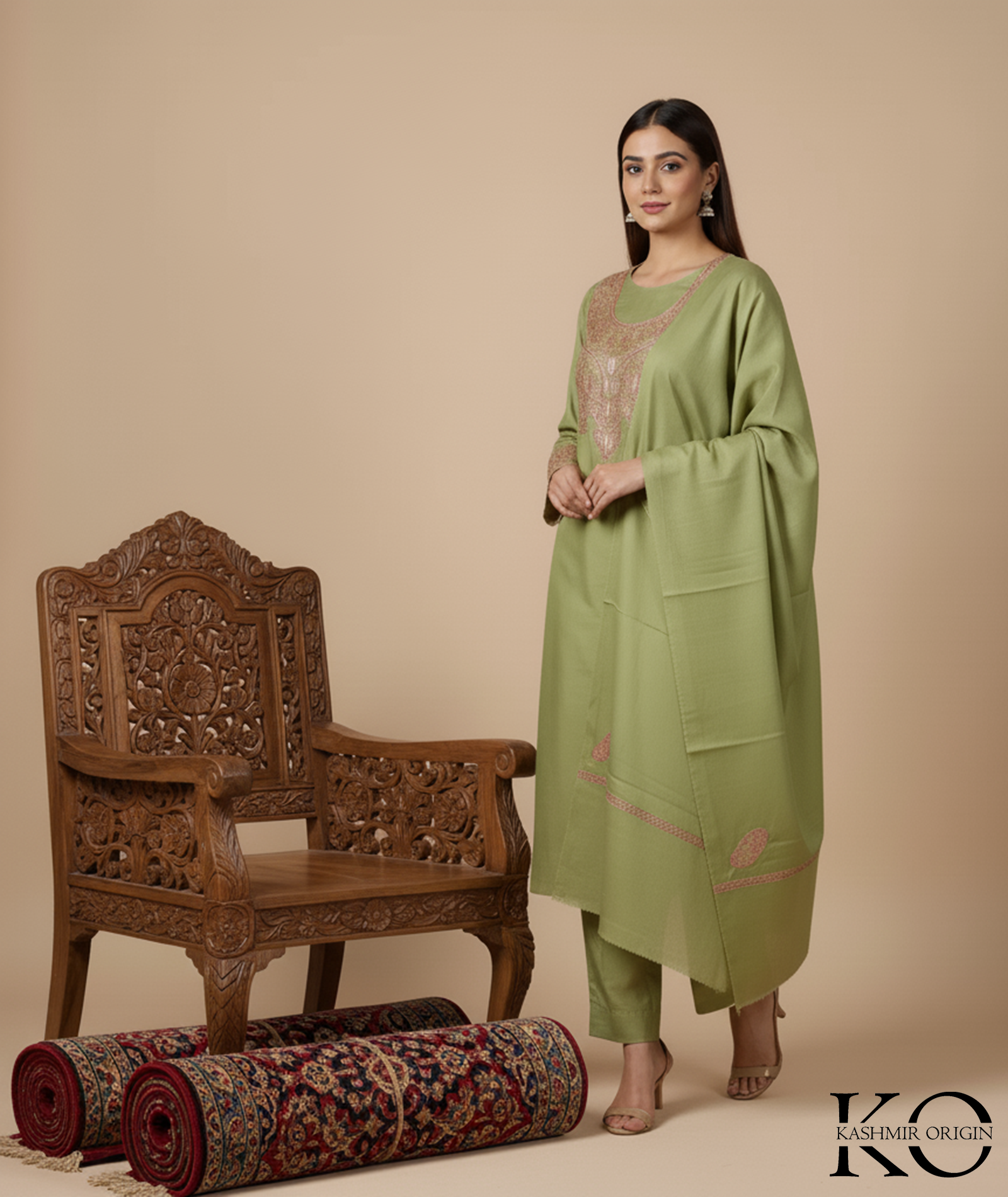 Tilla Embroidered Green Woolen Suit With Stole
