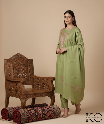 Tilla Embroidered Green Woolen Suit With Stole