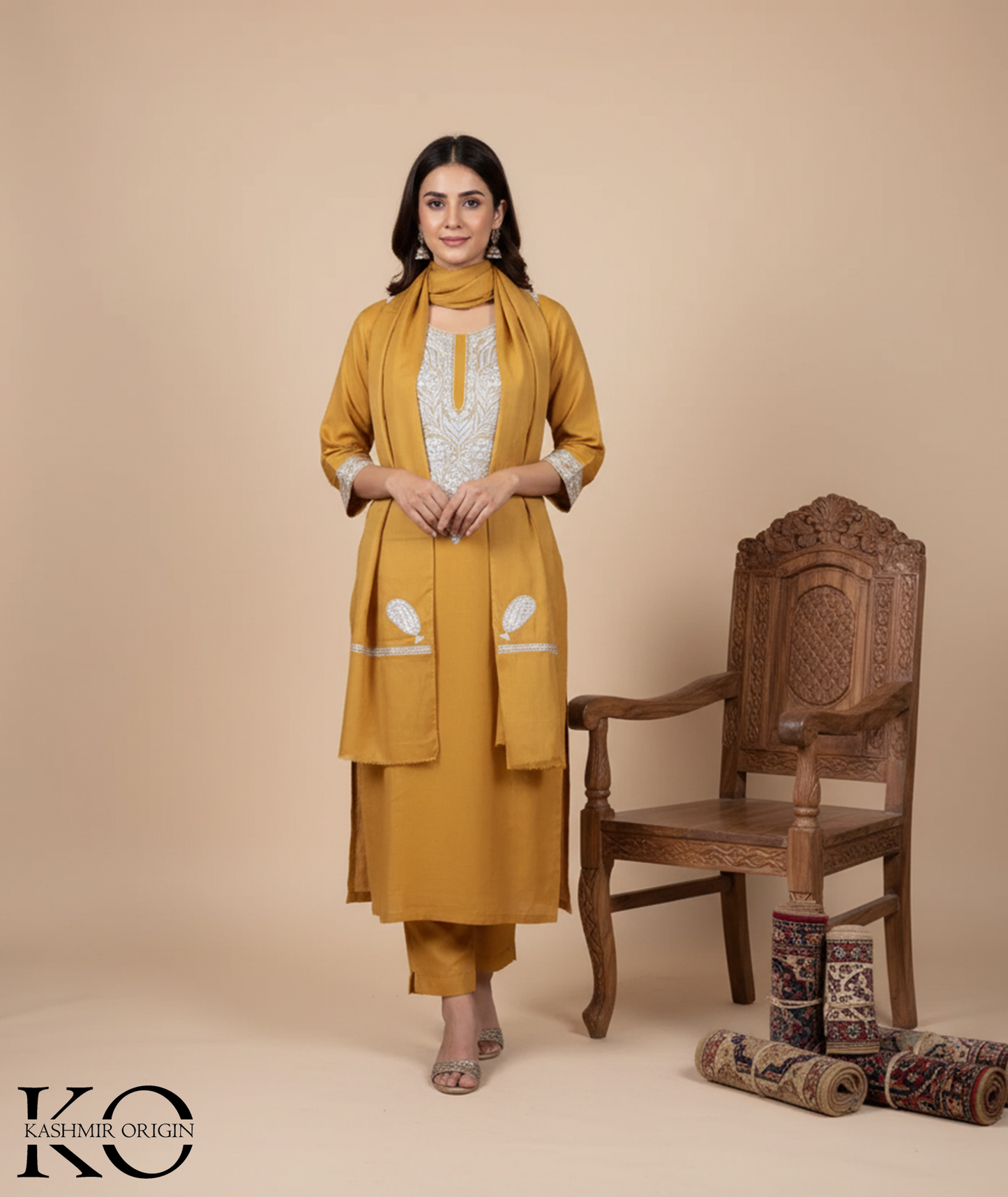 Tilla Embroidered Mustard Woolen Suit With Stole