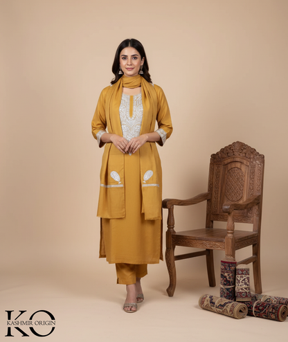 Tilla Embroidered Mustard Woolen Suit With Stole