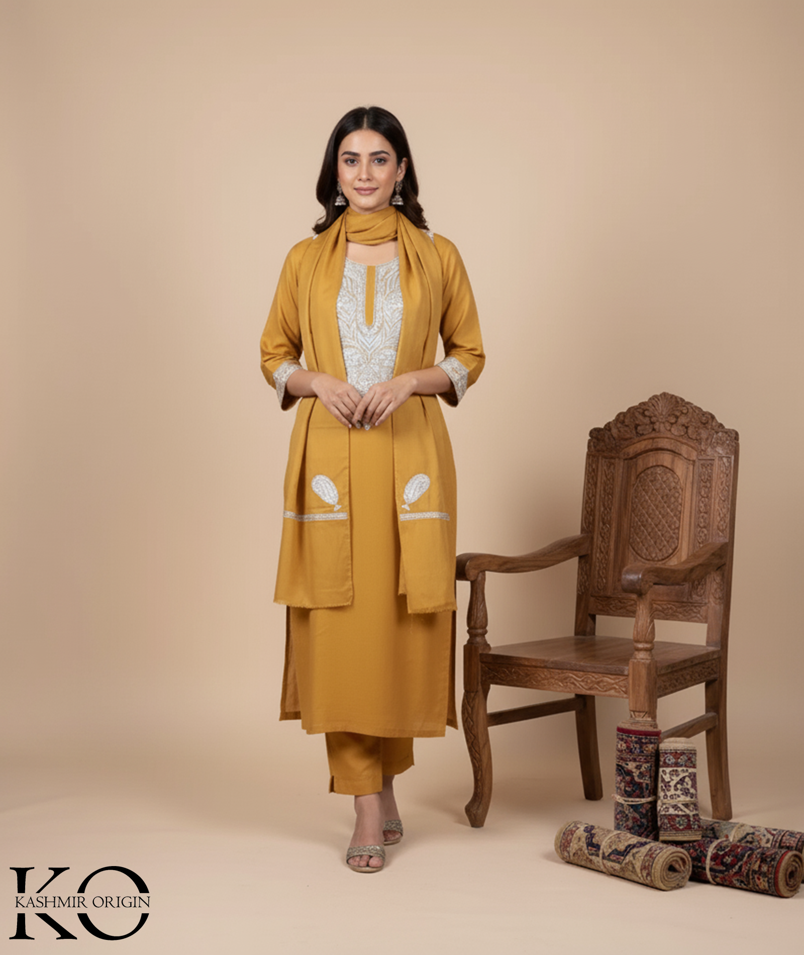Tilla Embroidered Mustard Woolen Suit With Stole