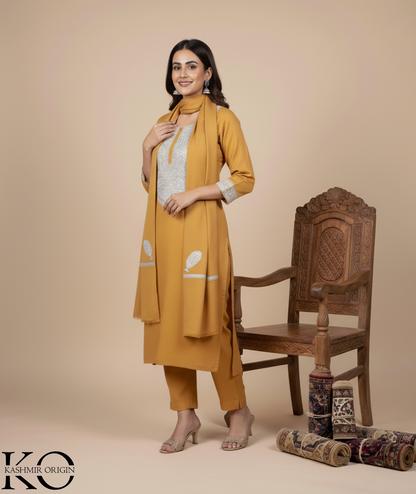 Tilla Embroidered Mustard Woolen Suit With Stole