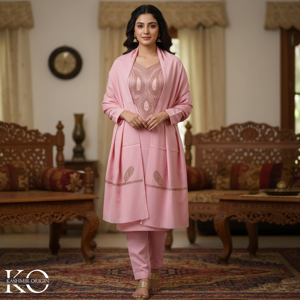 Tilla Embroidered Rose Pink Woolen Suit With Stole