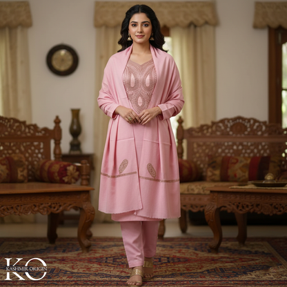 Tilla Embroidered Rose Pink Woolen Suit With Stole