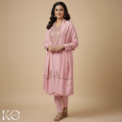 Tilla Embroidered Rose Pink Woolen Suit With Stole