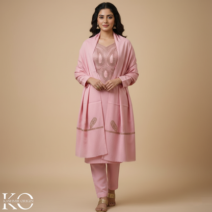 Tilla Embroidered Rose Pink Woolen Suit With Stole