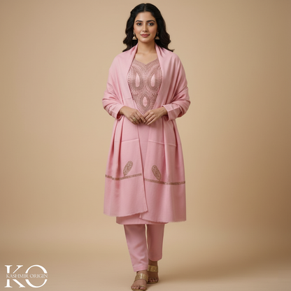 Tilla Embroidered Rose Pink Woolen Suit With Stole