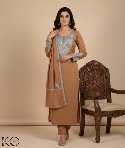 Tilla Embroidered Brown Woolen Suit With Stole