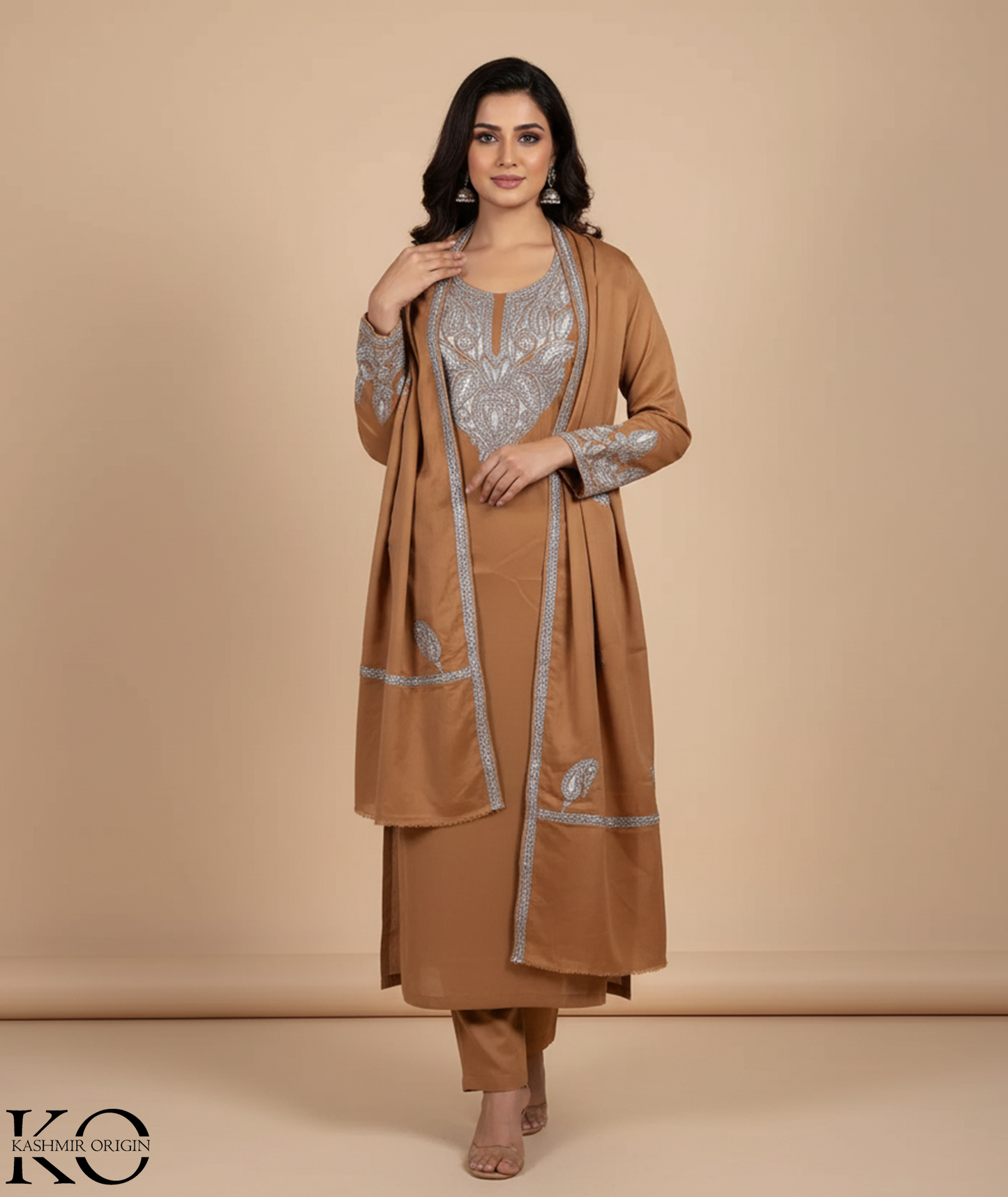 Tilla Embroidered Brown Woolen Suit With Stole