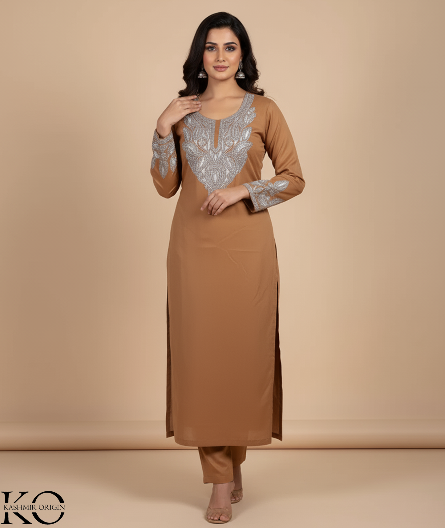 Tilla Embroidered Brown Woolen Suit With Stole