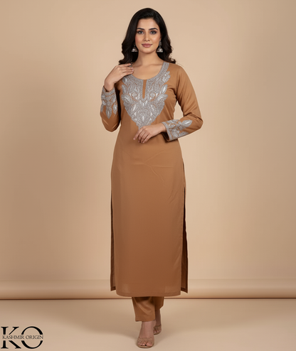 Tilla Embroidered Brown Woolen Suit With Stole