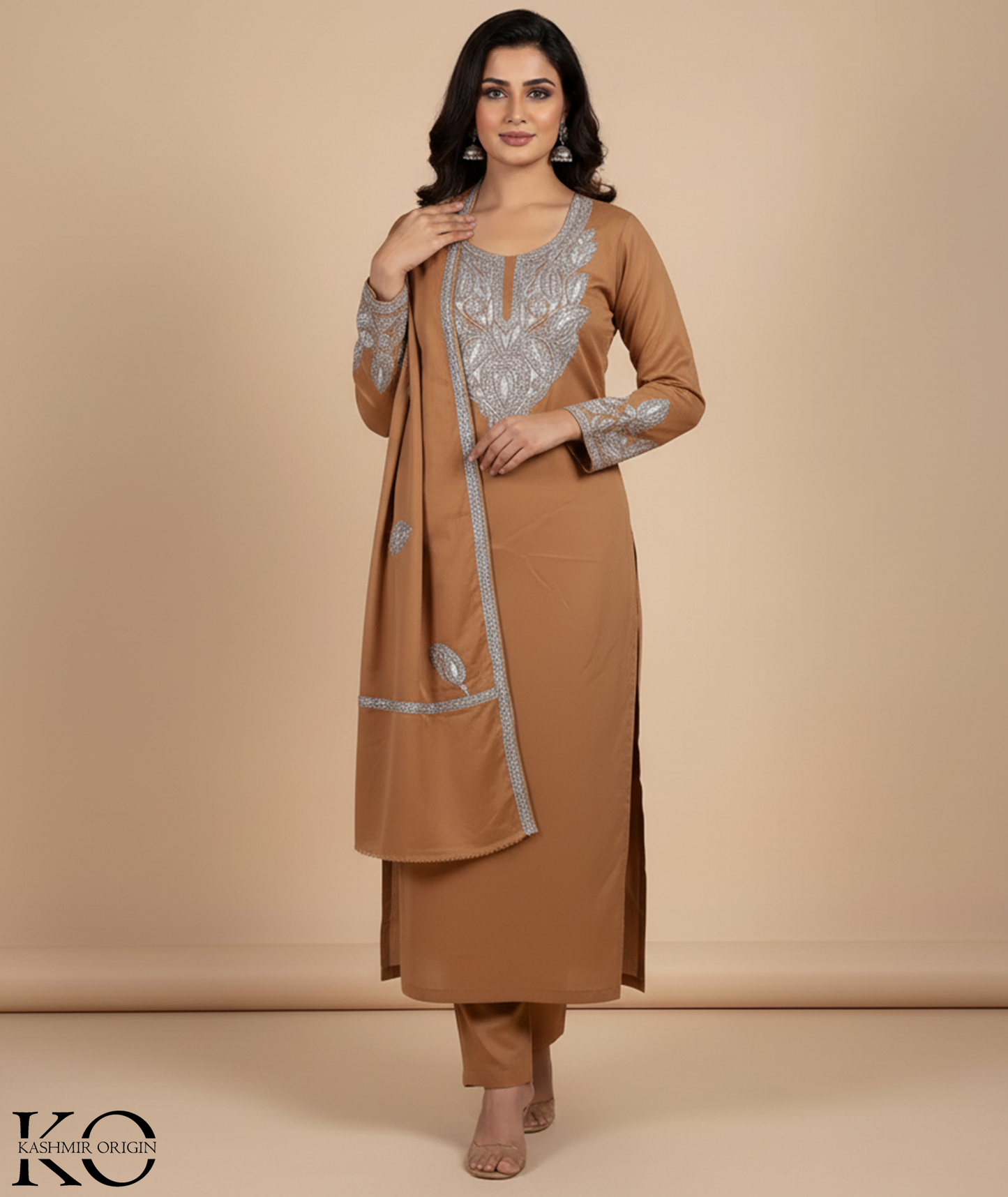 Tilla Embroidered Brown Woolen Suit With Stole