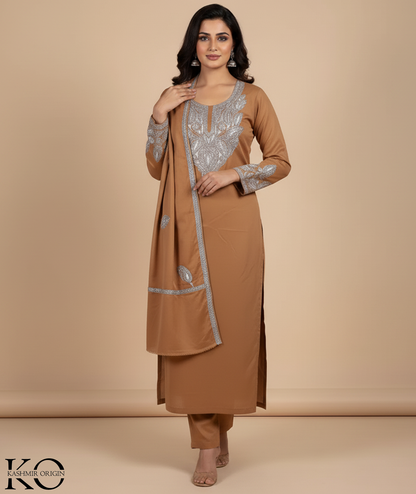 Tilla Embroidered Brown Woolen Suit With Stole