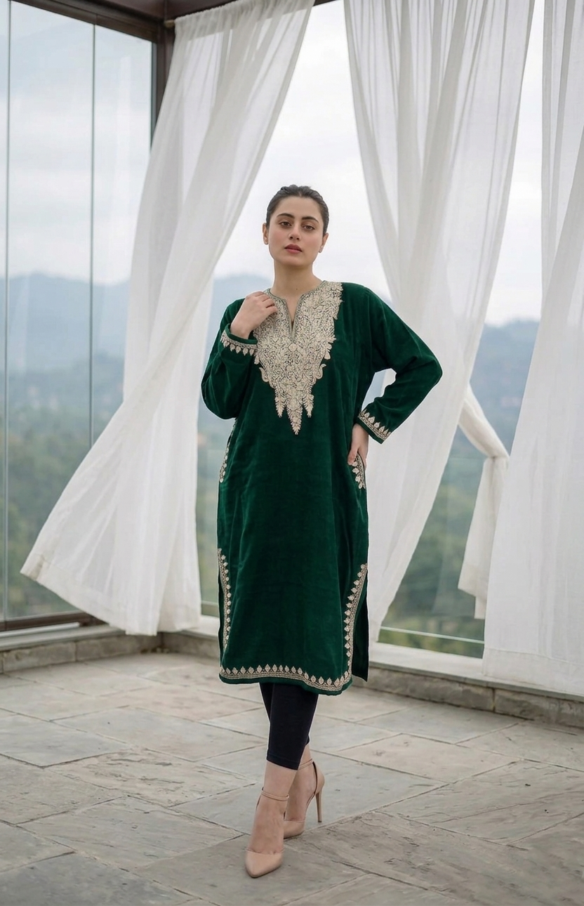 Bottle Green Aari Embroidered Pheran