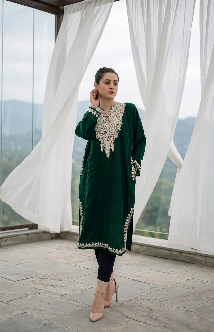 Bottle Green Aari Embroidered Pheran