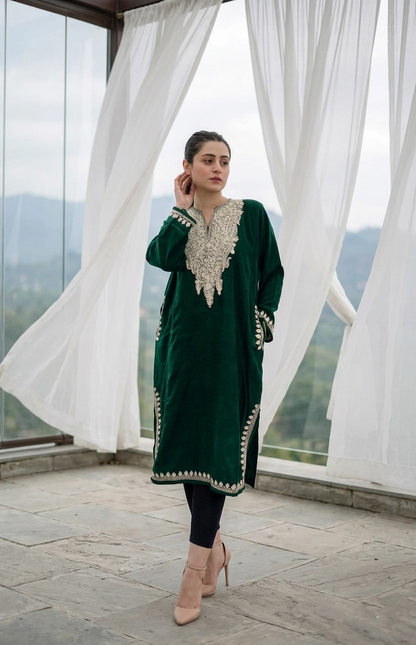 Bottle Green Aari Embroidered Pheran