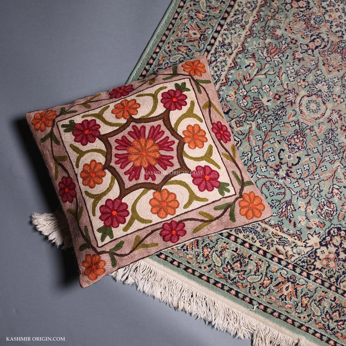 Floral Design Dusuit Chain Stitch Embroidered Kashmiri Cushion Cover 6pc Set