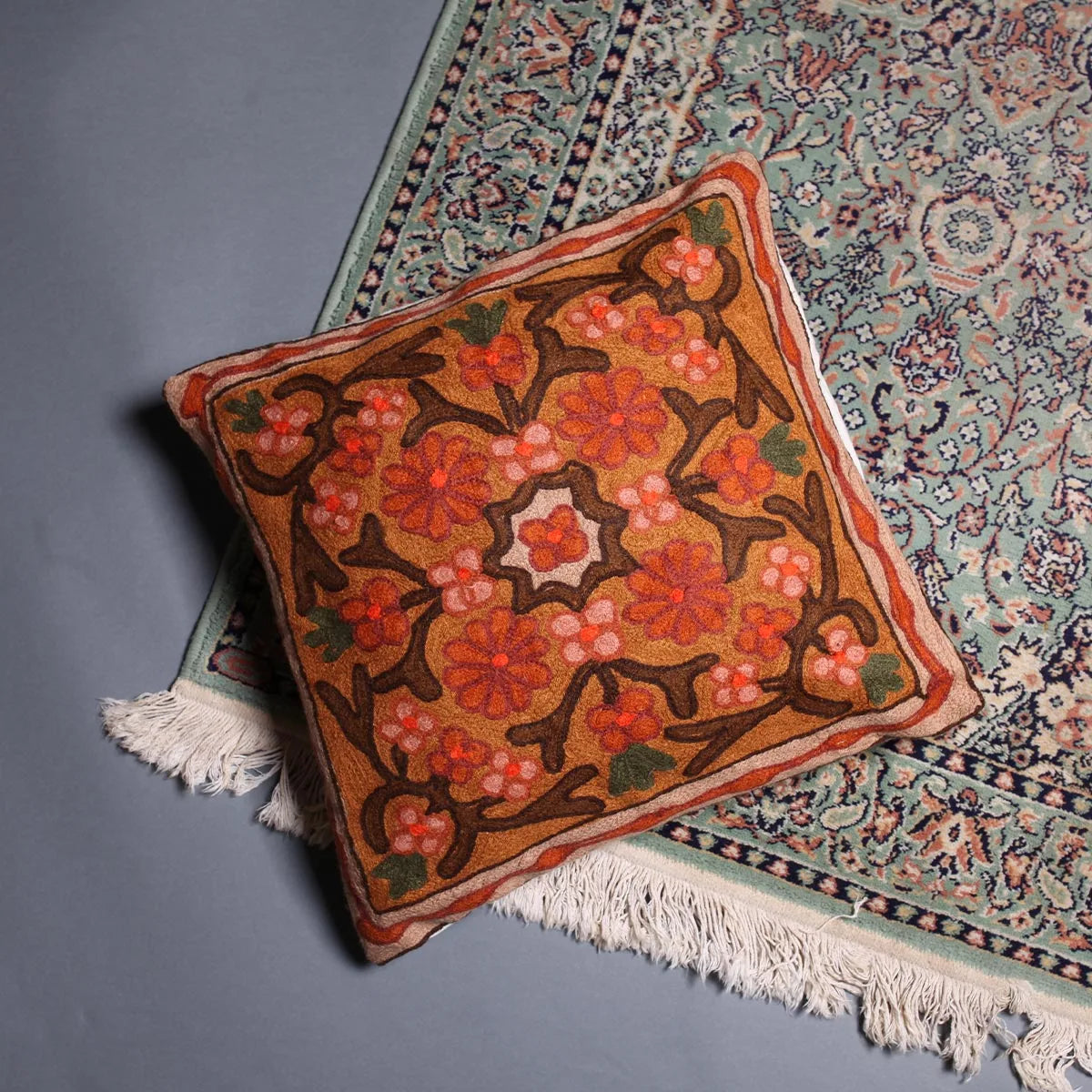 Floral Design Dusuit Chain Stitch Embroidered Kasmiri Cushion Cover 6pc Set