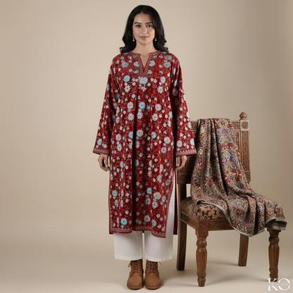 Velvet Jamawar Aari Embroidered Phiran | Full Jamawar Pheran