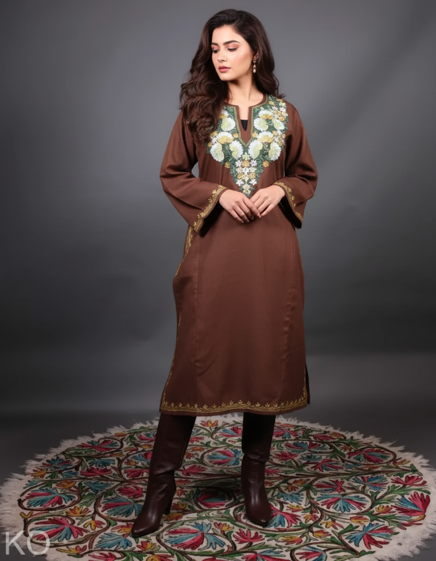 Brown Base Floral Design Kashmiri Aari Embroidered Phiran