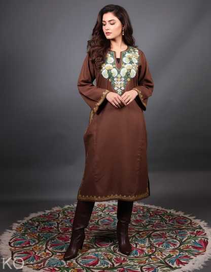 Brown Base Floral Design Kashmiri Aari Embroidered Phiran