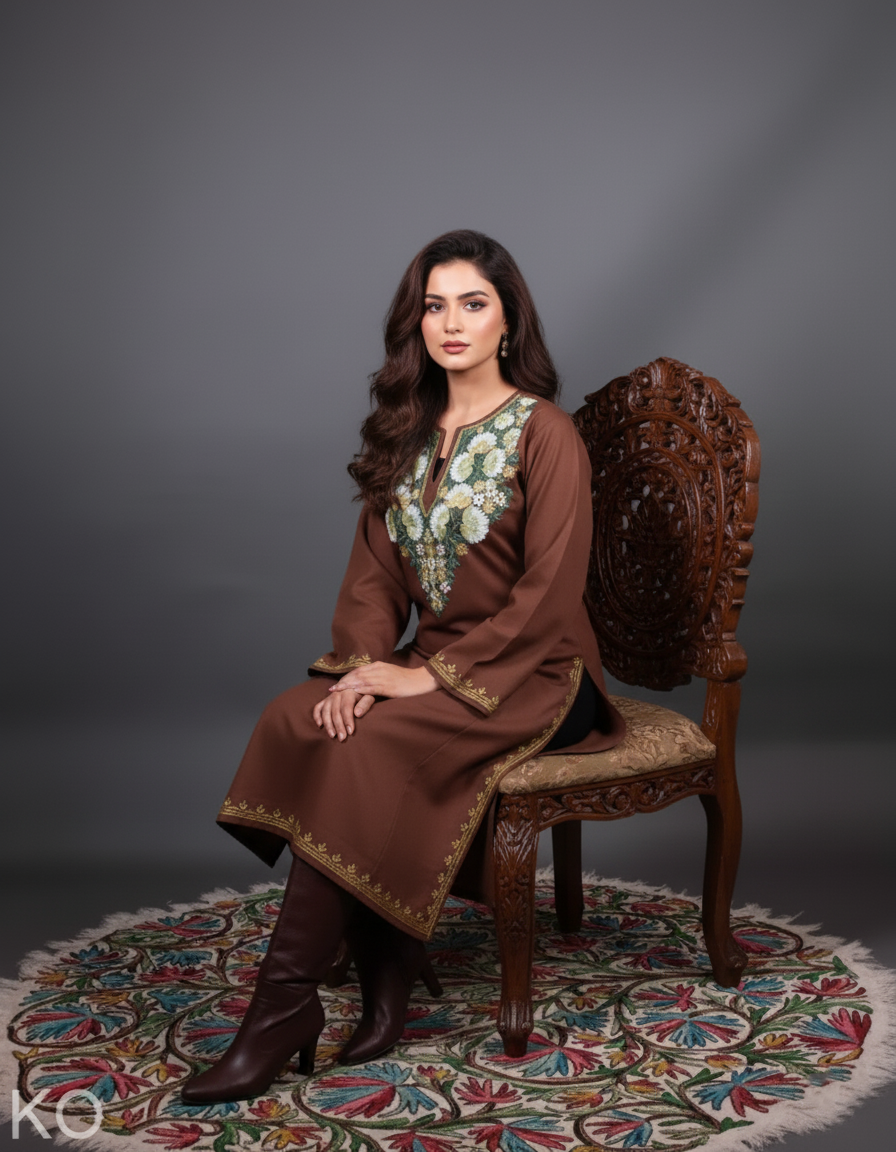 Brown Base Floral Design Kashmiri Aari Embroidered Phiran
