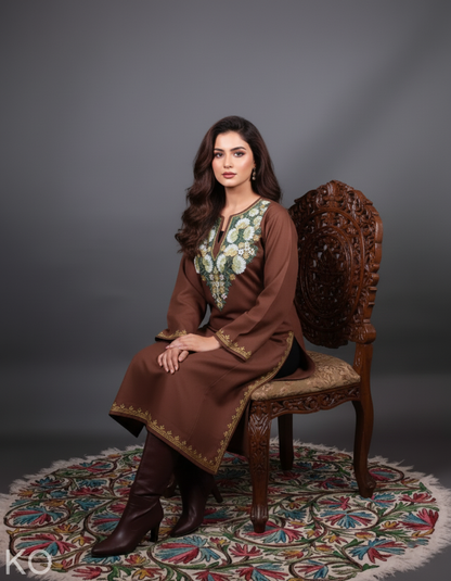 Brown Base Floral Design Kashmiri Aari Embroidered Phiran