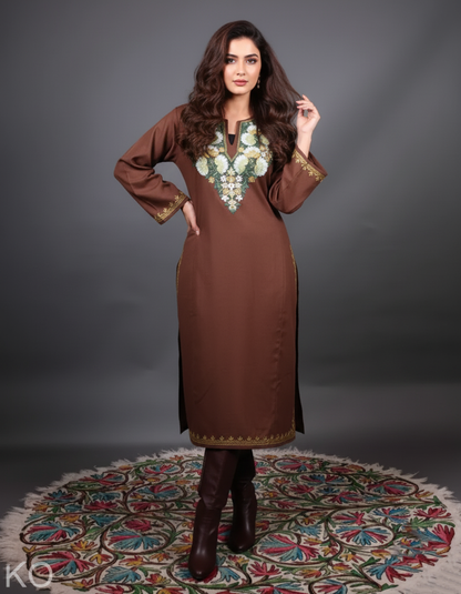 Brown Base Floral Design Kashmiri Aari Embroidered Phiran