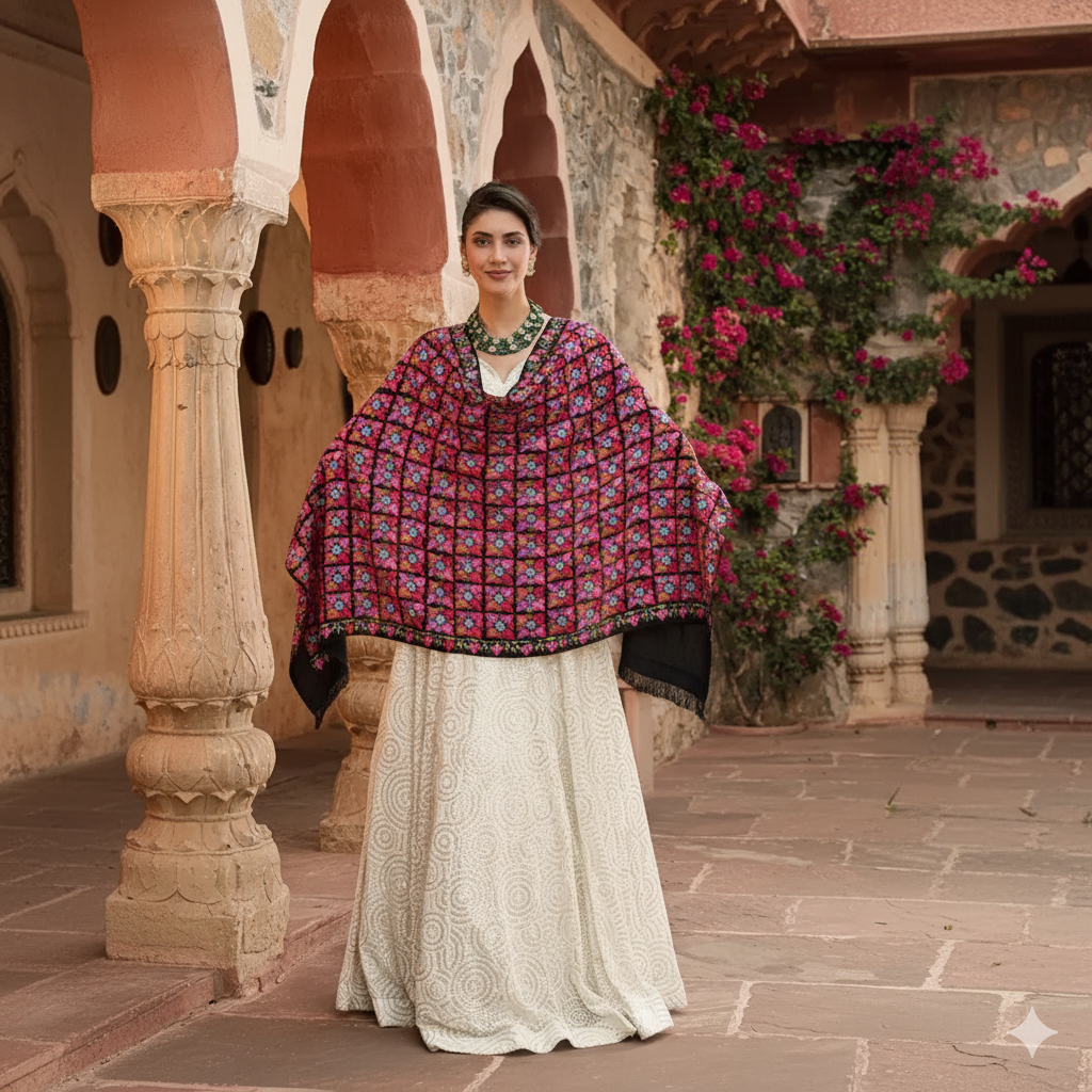 Black Base Floral Design Aari Embroidered Pure Kashmiri Woolen Stole