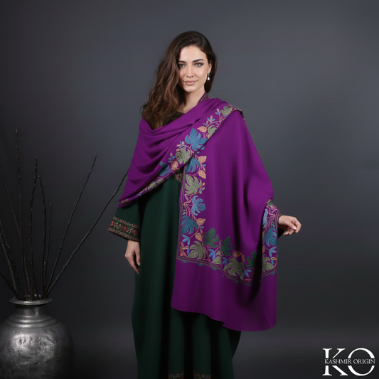 Purple Base Chinar Design Pure Woolen Aari Embroidered kashmiri Shawl & Stole