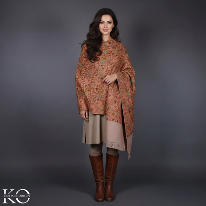 Natural Base Floral Design Aari Embroidered Pure Kashmiri Woolen Stole | Jamawar Stole