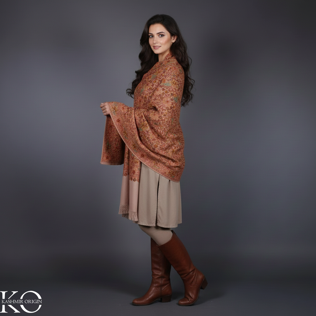 Natural Base Floral Design Aari Embroidered Pure Kashmiri Woolen Stole | Jamawar Stole