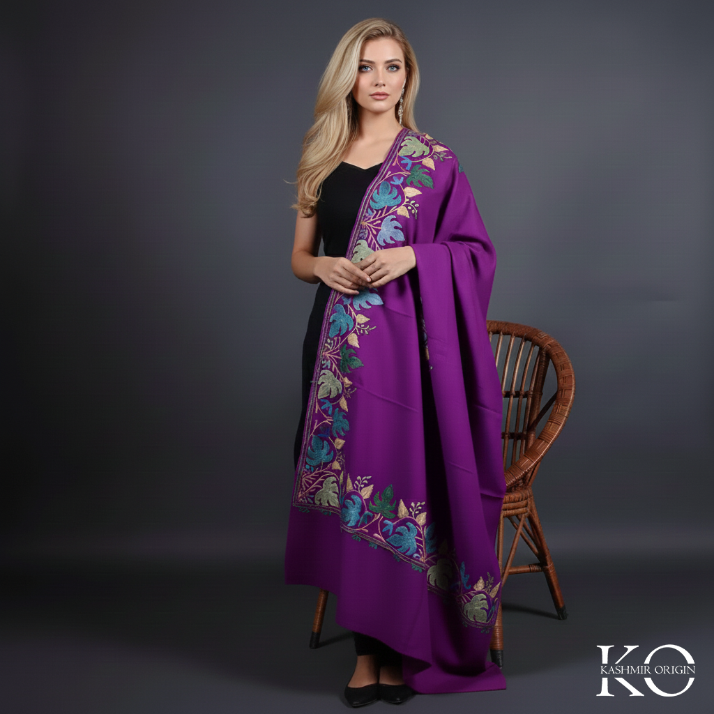 Purple Base Chinar Design Pure Woolen Aari Embroidered kashmiri Shawl & Stole