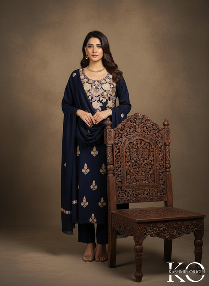 Blue Base Aari Embroidered Chinar Design Woolen Suit with Stole