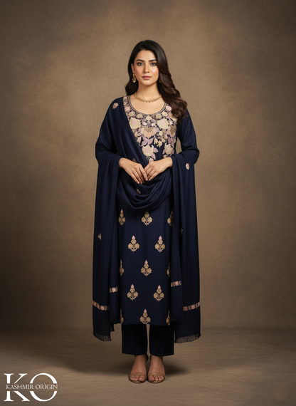 Blue Base Aari Embroidered Chinar Design Woolen Suit with Stole