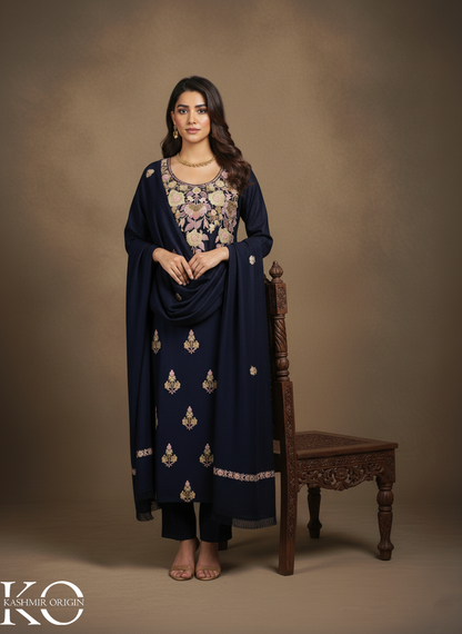 Blue Base Aari Embroidered Chinar Design Woolen Suit with Stole