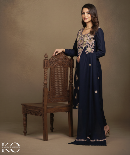 Blue Base Aari Embroidered Chinar Design Woolen Suit with Stole