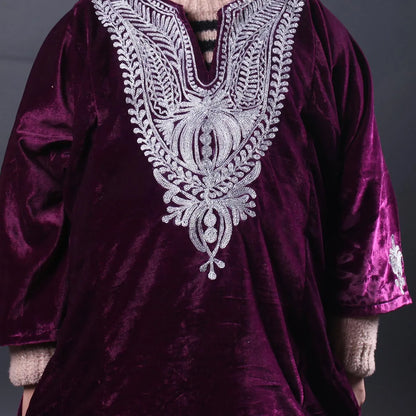 Purple Zari Embroidered Velvet Phiran For Kids | Girls Pheran