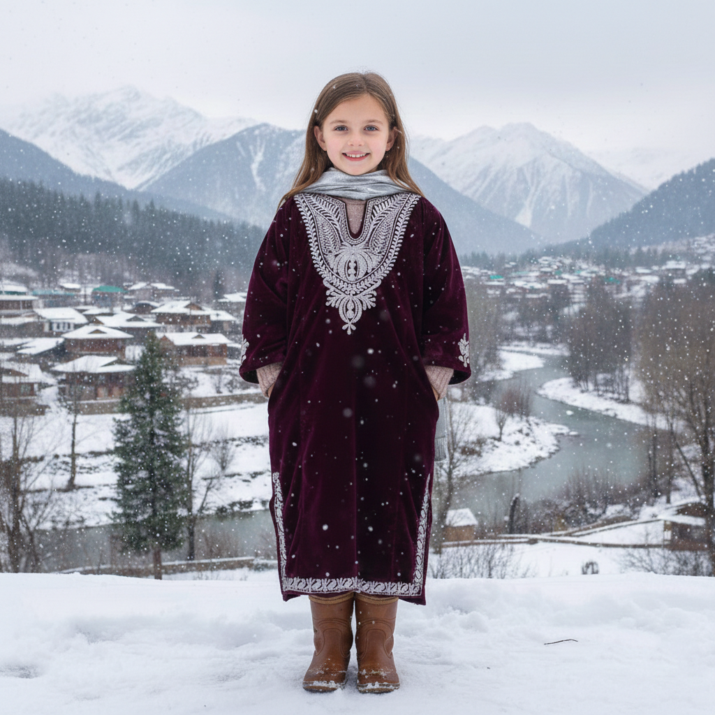 Purple Zari Embroidered Velvet Phiran For Kids | Girls Pheran