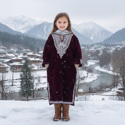 Purple Zari Embroidered Velvet Phiran For Kids | Girls Pheran