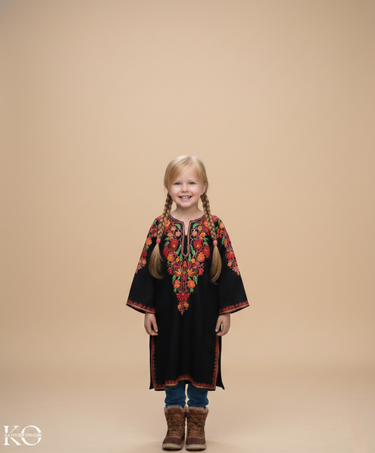 Black Multifloral Aari Embroidered Woolen Kids Pheran | Girls Pheran | Kids Wear