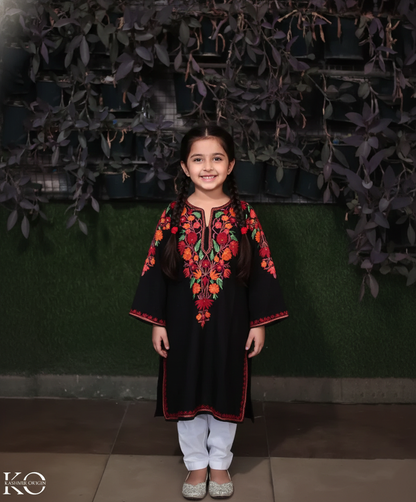 Black Multifloral Aari Embroidered Woolen Kids Pheran | Girls Pheran | Kids Wear