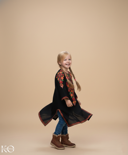 Black Multifloral Aari Embroidered Woolen Kids Pheran | Girls Pheran | Kids Wear
