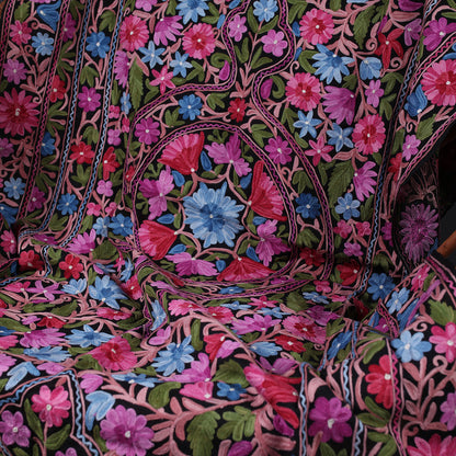 Black Base Jamawar Folral Design Aari Embroidery Woolen Shawls