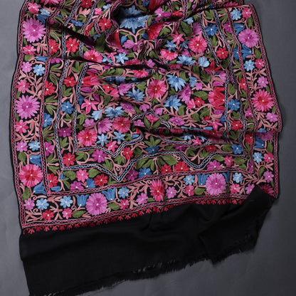 Black Base Jamawar Folral Design Aari Embroidery Woolen Shawls